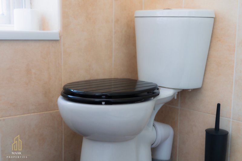 Bathroom with white toilet, black seat, cistern and brush holder