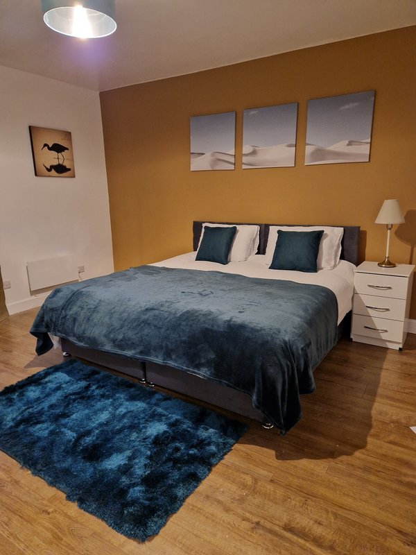 Modern bedroom with double bed, blue bedding, wooden floor, and wall art above headboard