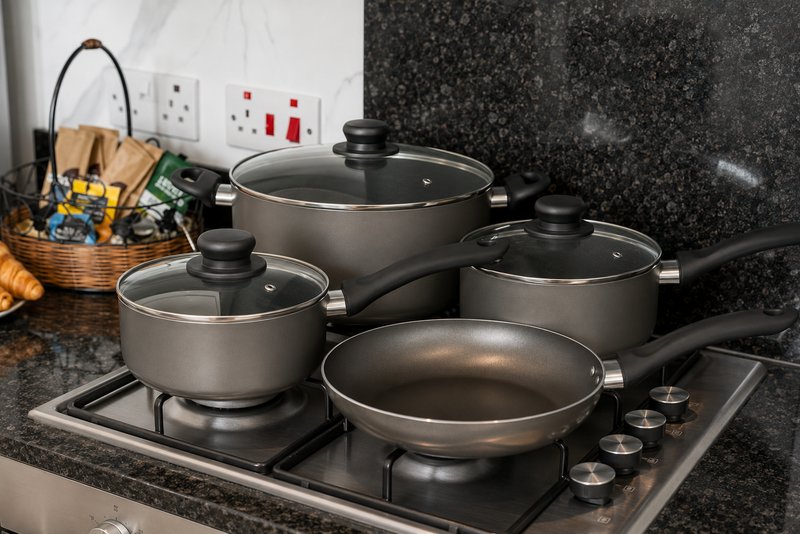 Kitchen stovetop with black cookware set, granite countertop, and wicker basket