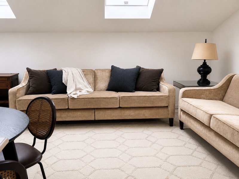 Bright living area with beige upholstered sofas