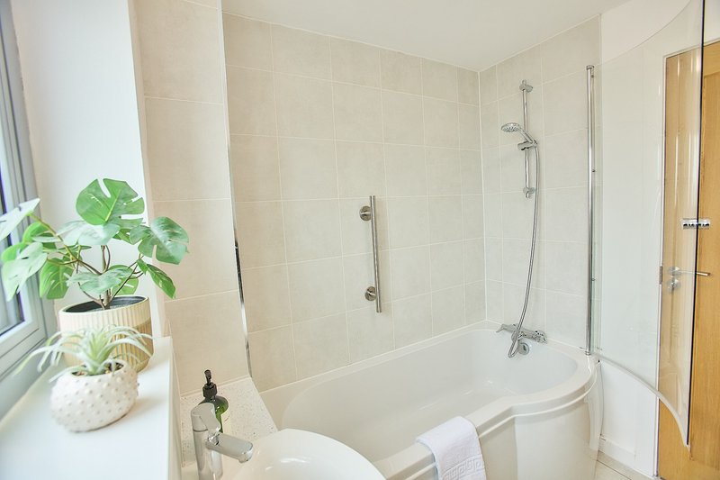 Bright bathroom with bathtub, glass shower enclosure, potted plant on windowsill