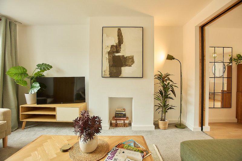 Modern living room with TV stand, fireplace, plants, and framed artwork on walls