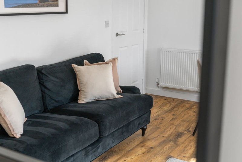 Living room with dark blue upholstered sofa, cream cushions, wooden floor and white door