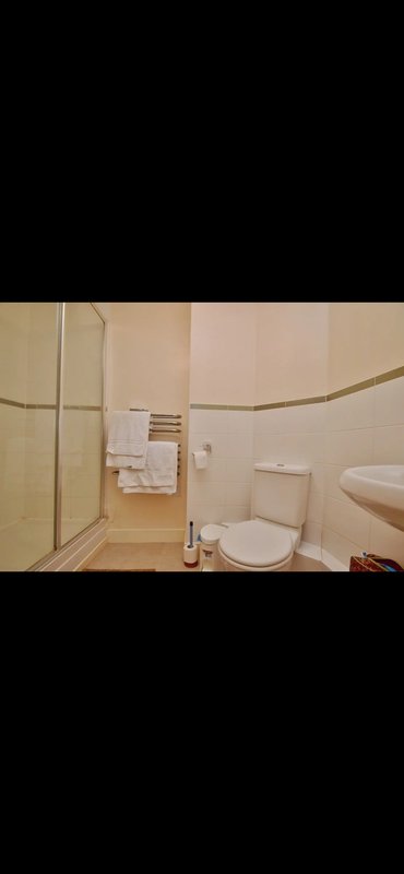 Bathroom with toilet, sink, shower enclosure and towel rack