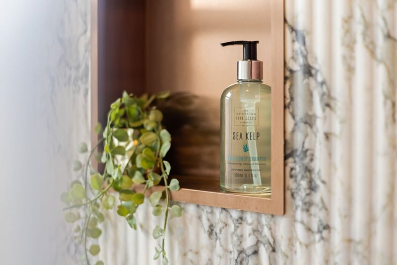Bathroom shelf with potted plant and branded liquid soap dispenser
