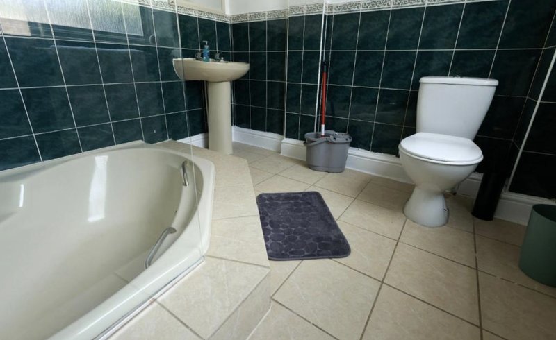 Bathroom with shower, pedestal sink, toilet, dark tile walls and beige floor