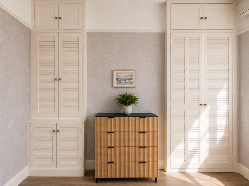 Bedroom with cream built-in wardrobes, wooden chest of drawers, and framed wall art