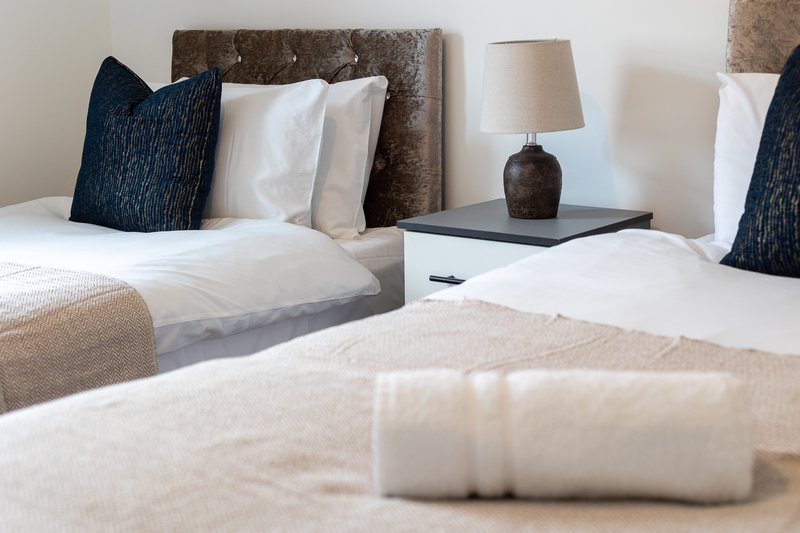 Bedroom with two beds, navy pillows, bedside lamp and dark headboard