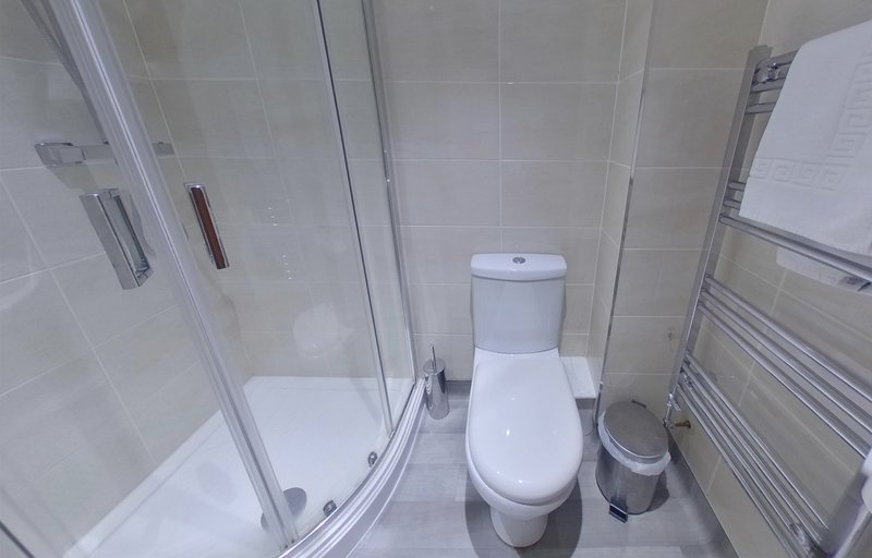 Modern bathroom with enclosed shower, toilet, heated towel rack and sink