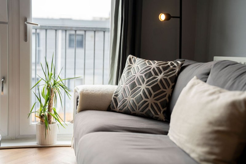 Modern living room with grey sofa, patterned cushions, potted plant and balcony view