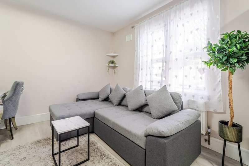 Bright living room with gray corner sofa, cushions, potted plant, and sheer curtains