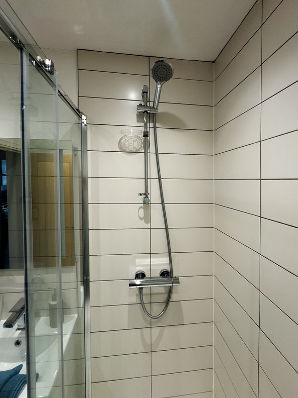 Modern bathroom shower enclosure with glass door, rainfall showerhead and vertical tile walls