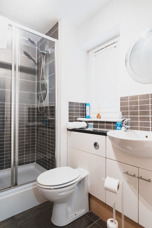 Modern bathroom with shower enclosure, white sink vanity, toilet and round mirror