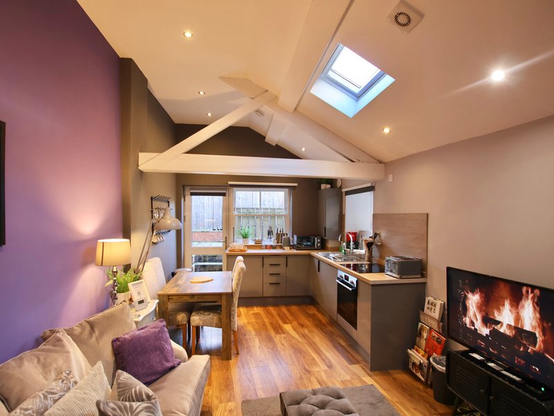 Open-plan kitchen and living area with vaulted ceiling, skylights, wooden floors and fireplace