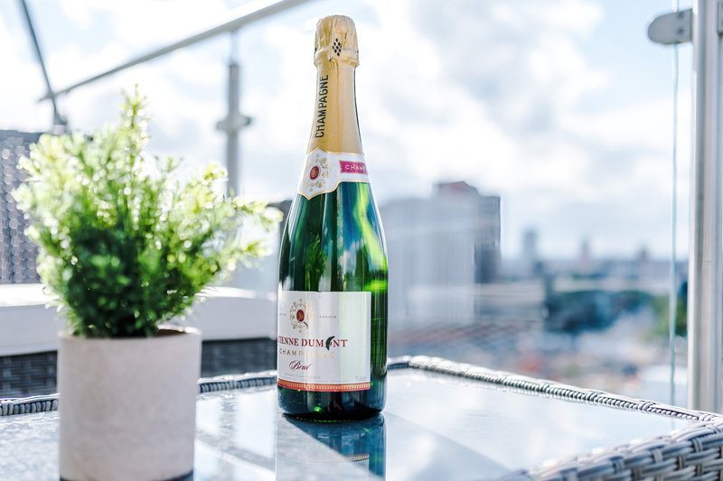 Champagne bottle and potted plant on white table with city skyline view through windows