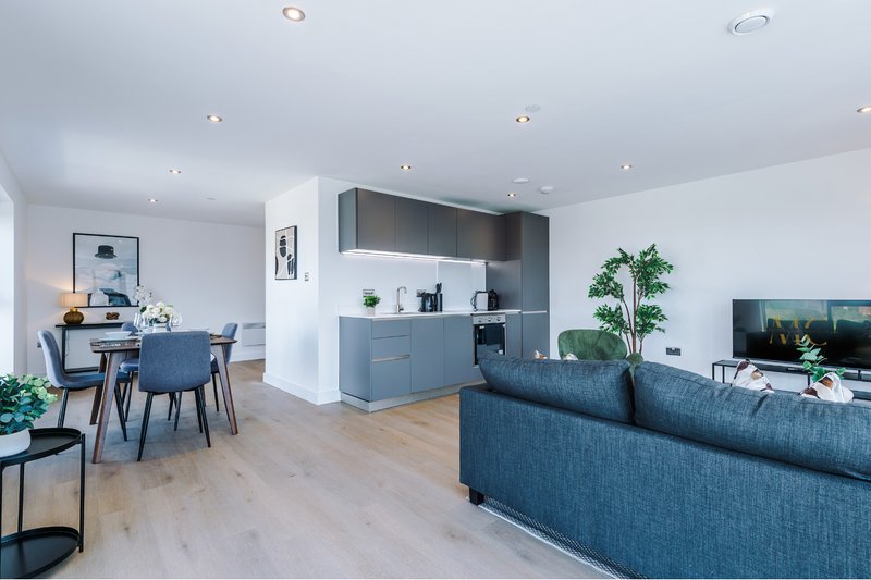 Open-plan living area with blue sofa, dining table, kitchen, and wood flooring