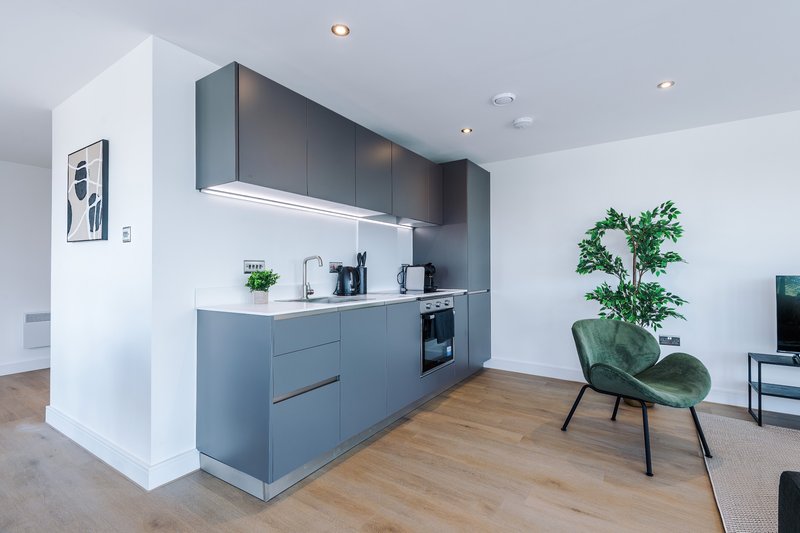 Modern open-plan kitchen with grey cabinetry, integrated appliances, and wooden flooring