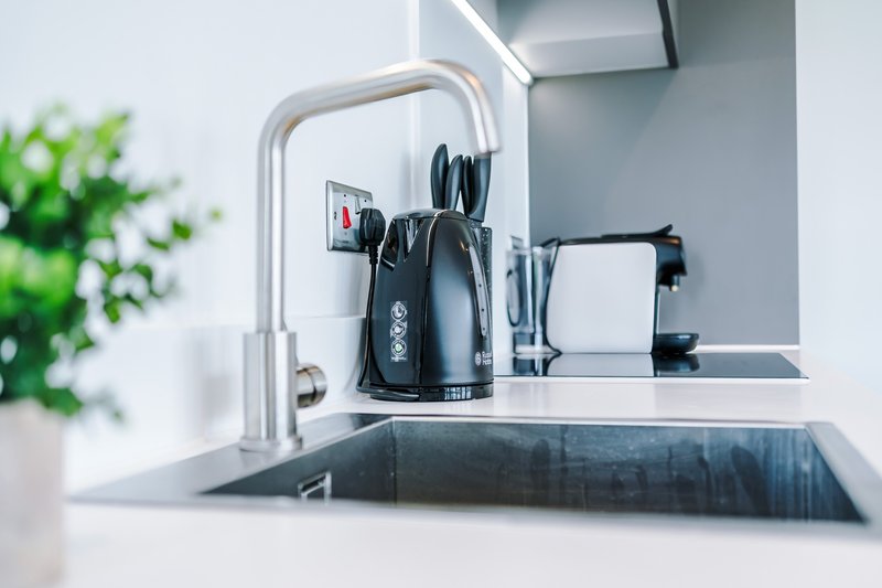 Modern kitchen sink with chrome faucet, kettle, utensil holder and potted plant