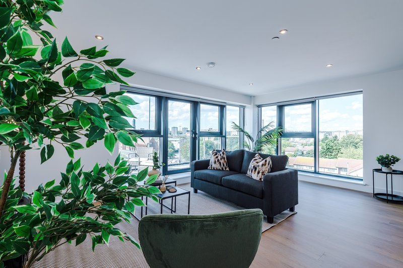 Bright modern living room with black sofa, large windows, potted plants and city views