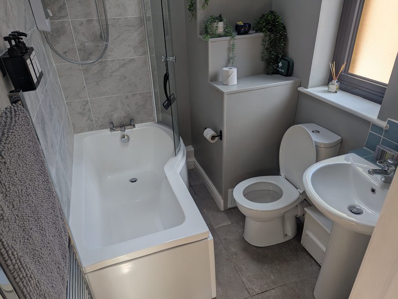 Modern bathroom with walk-in shower, toilet, pedestal sink and storage shelving