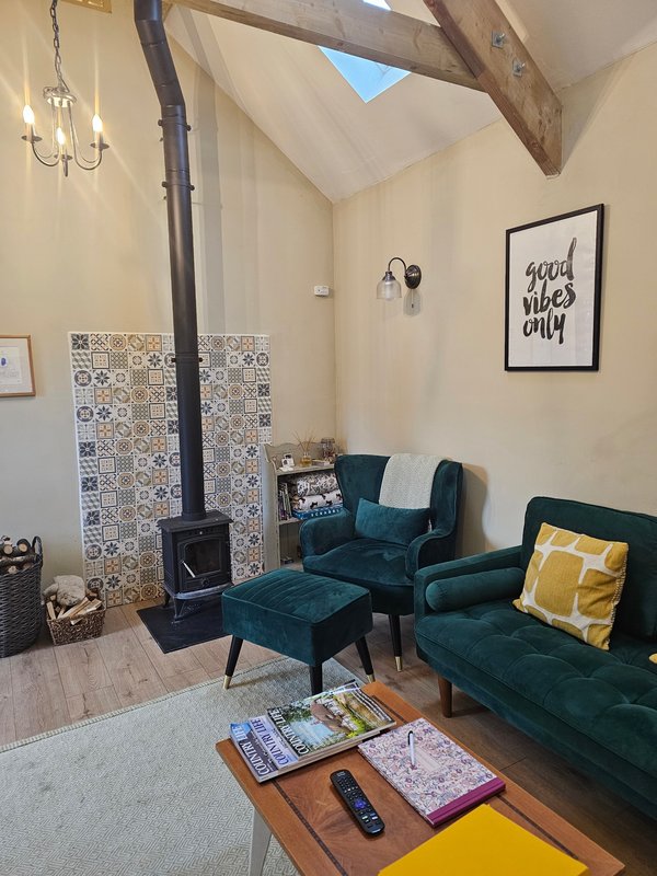 Living room with teal velvet seating, wood-burning stove, skylight and decorative wall art