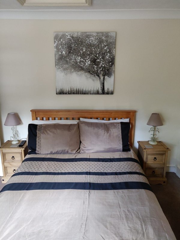 Bedroom with wooden bed frame, navy bedding, grey cushions, and framed tree artwork above