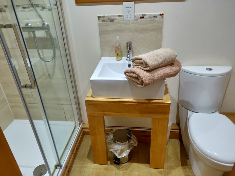 Compact bathroom with shower enclosure, wooden vanity, white sink, folded towels, and toilet