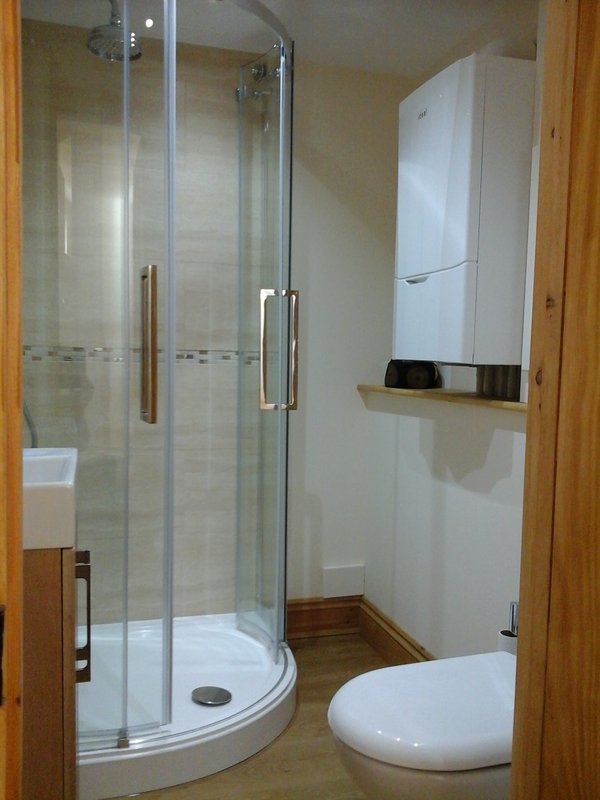 Modern bathroom with curved shower enclosure, toilet, and white vanity cabinet