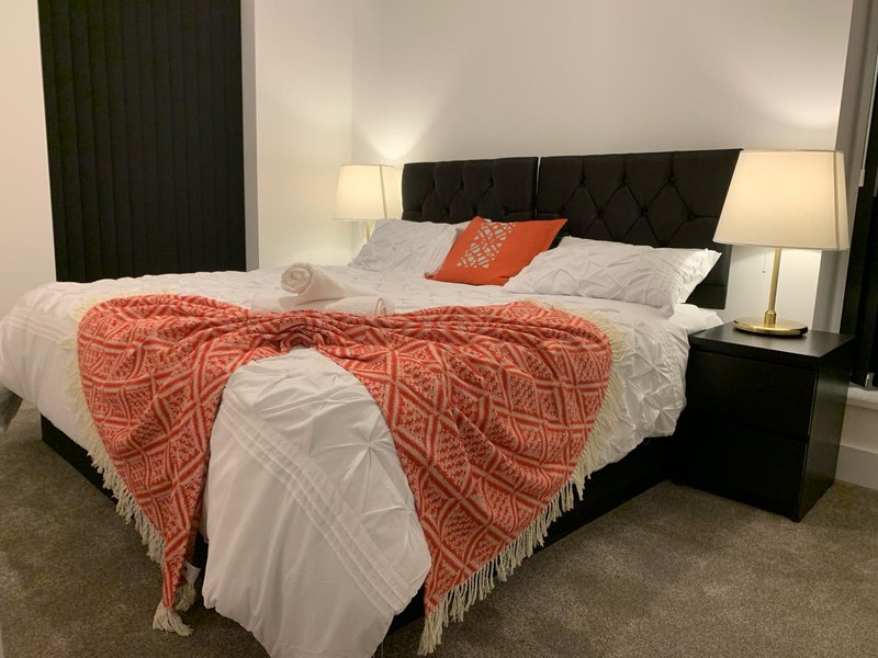 Modern bedroom with black upholstered bed, white bedding, orange throw blanket, and bedside lamps