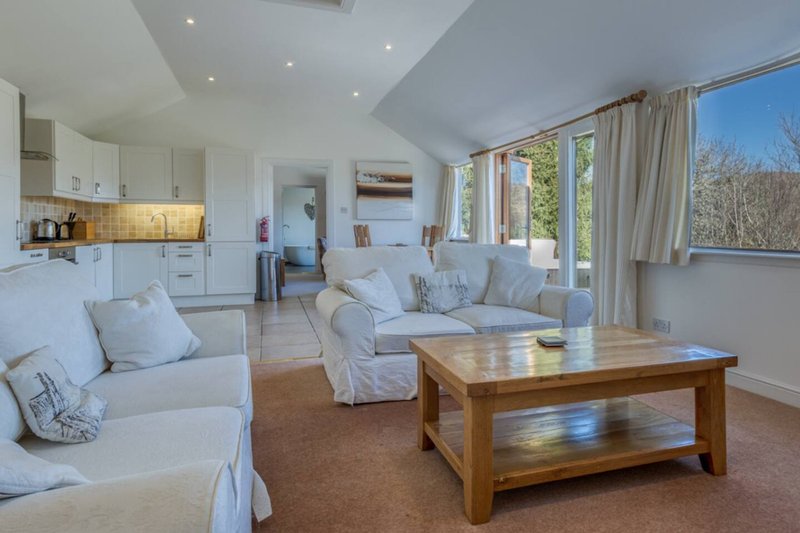 Open-plan living room with white upholstered seating, wooden coffee table, kitchen area, and large windows with garden views
