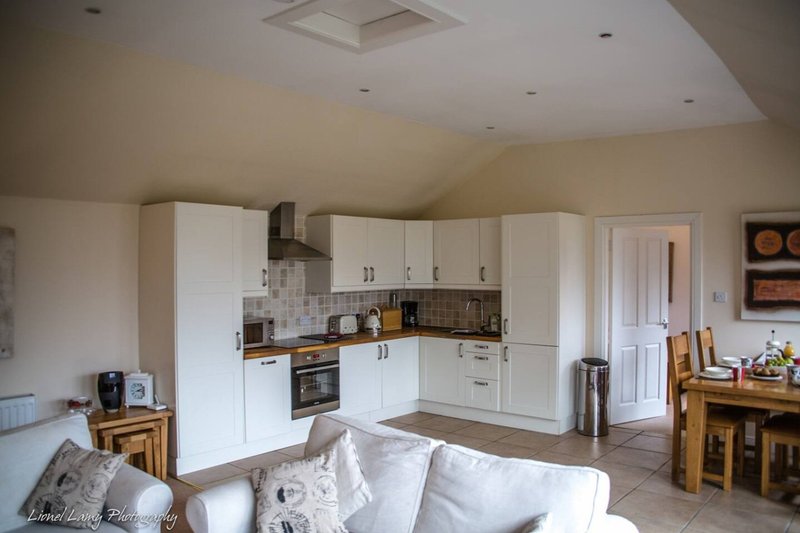 Open-plan kitchen and living area with white cabinetry, cream walls, wooden furniture and dining table
