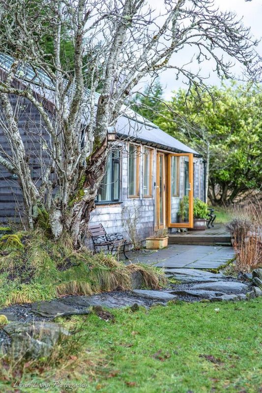 Rural cottage exterior with stone walls, wooden door, large bare tree and garden