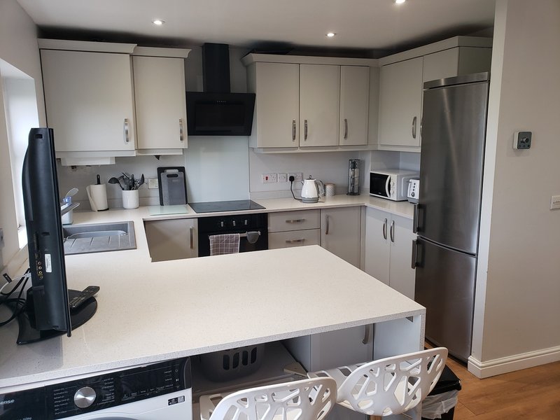 Modern kitchen with cream cabinetry, stainless steel appliances, island worktop and black range hood