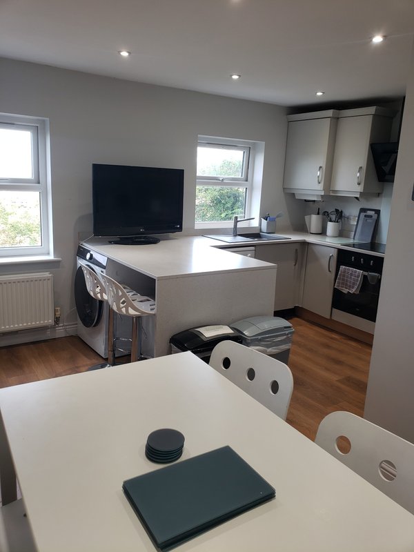Open-plan kitchen and living area with white cabinetry, TV, dining table and wooden flooring