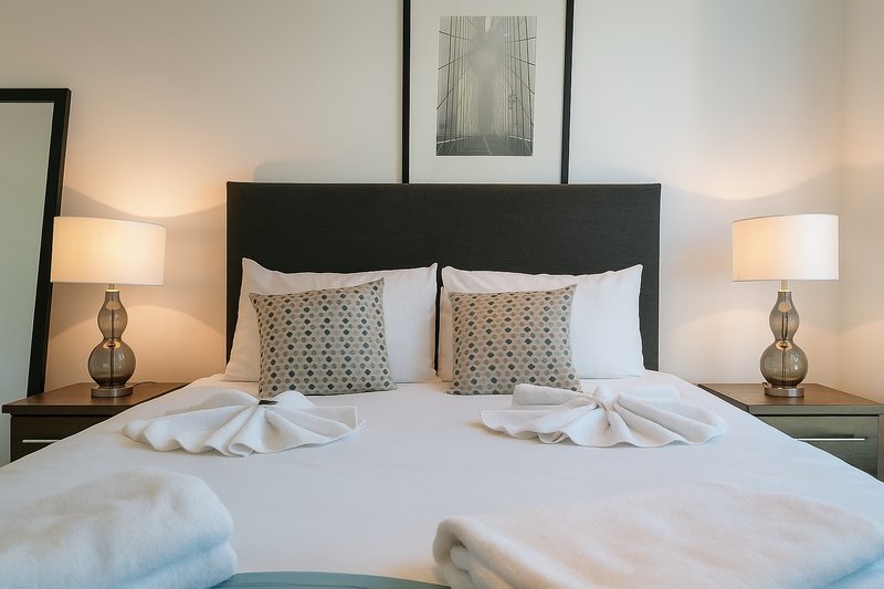 Modern bedroom with double bed, black headboard, patterned pillows, bedside lamps and wall art