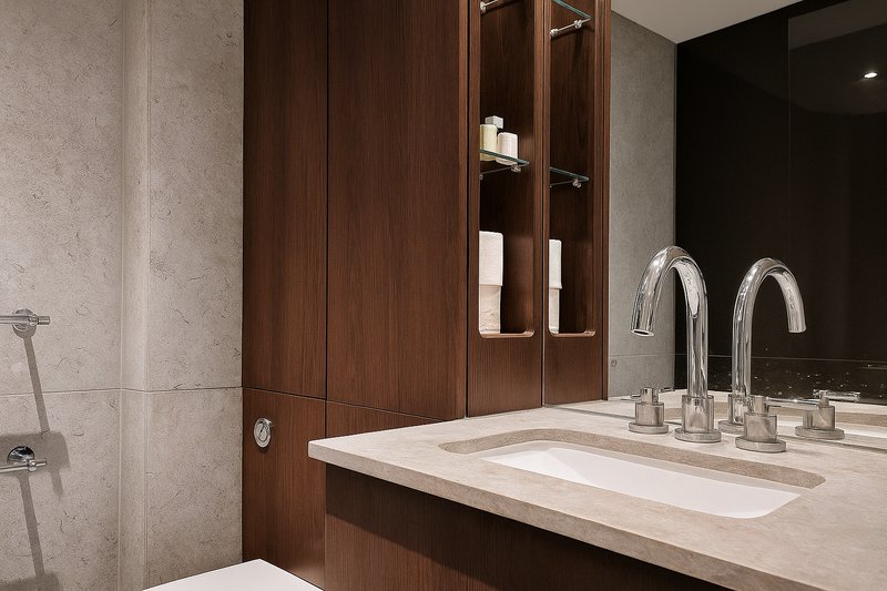 Modern bathroom with double sink, chrome faucets, dark wood cabinetry and tile walls