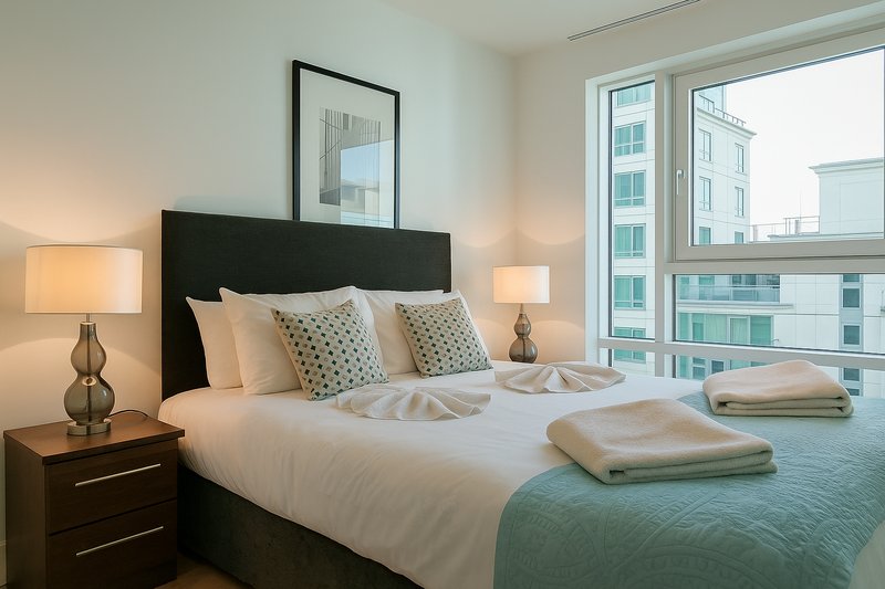 Modern bedroom with dark headboard, white bedding, side lamps, and city view from large window
