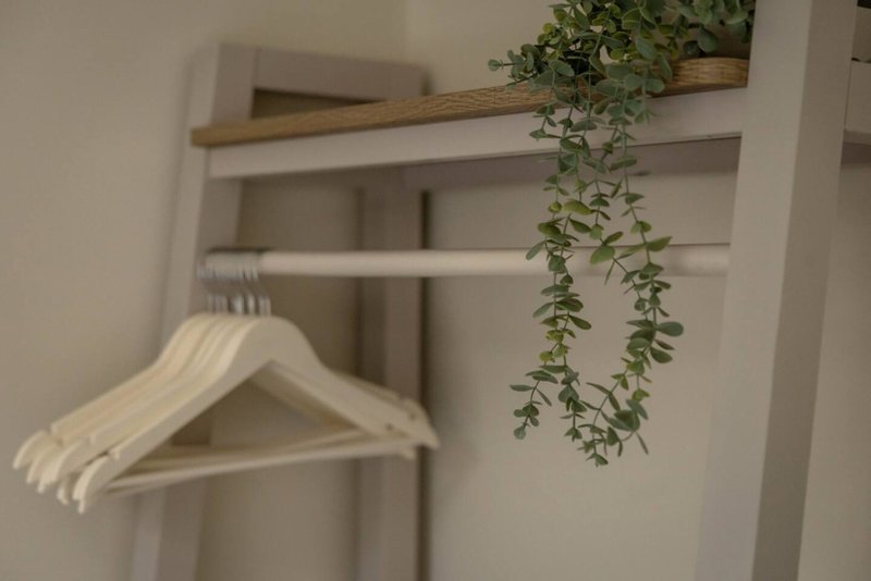Closet shelving with wooden and white shelves, hanging clothes hangers, and potted trailing plant