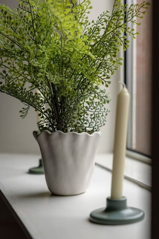 Potted green plant in white ceramic pot with candle on windowsill