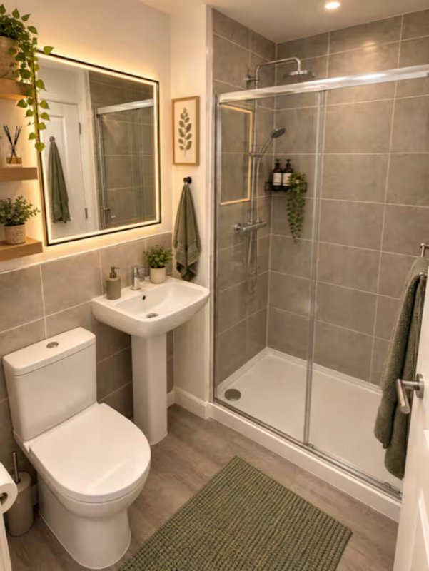 Modern bathroom with grey tile walls, walk-in shower, pedestal sink, toilet and illuminated mirror