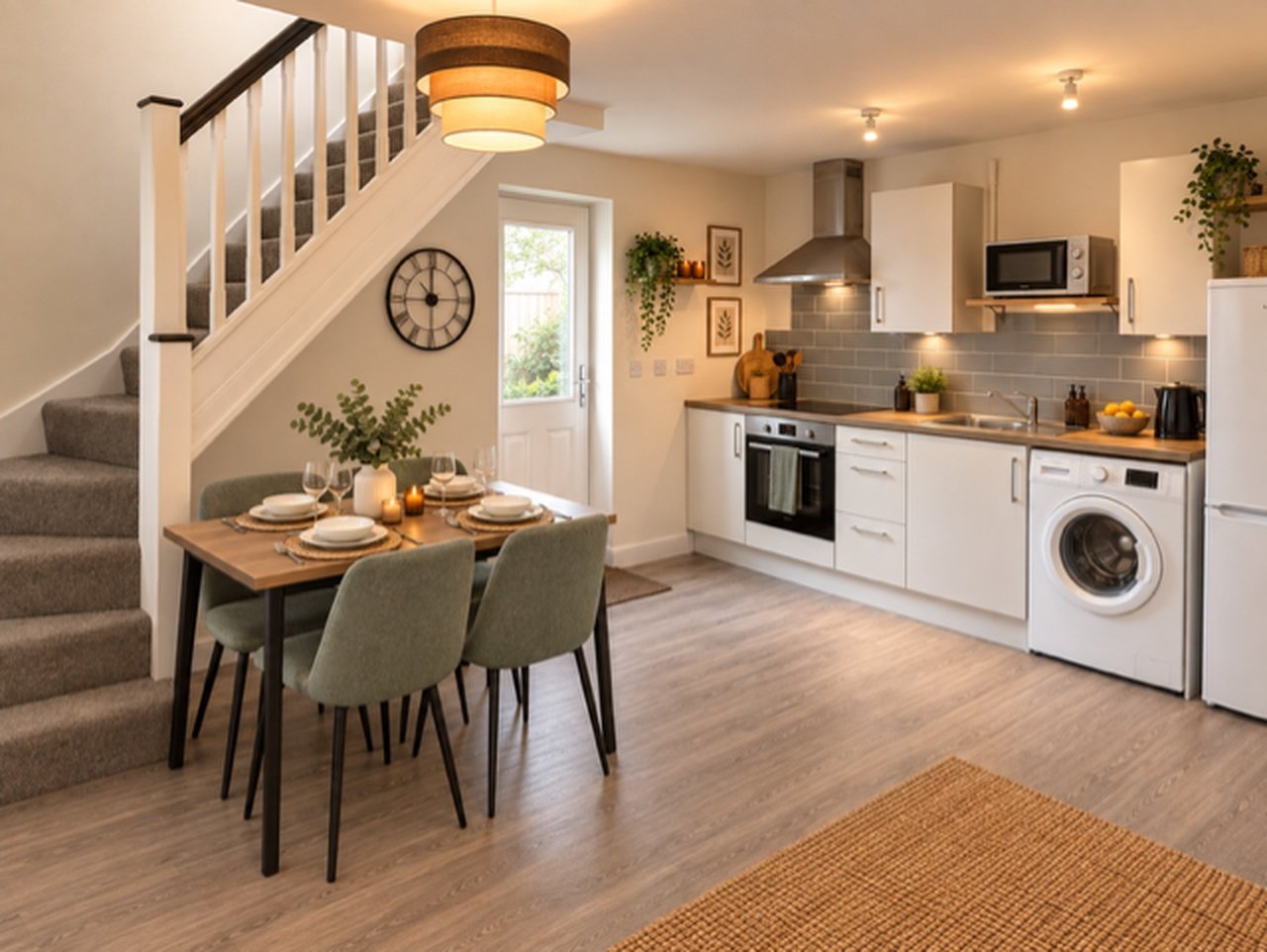 Open-plan kitchen and dining area with stairs, wooden table, white appliances and decor
