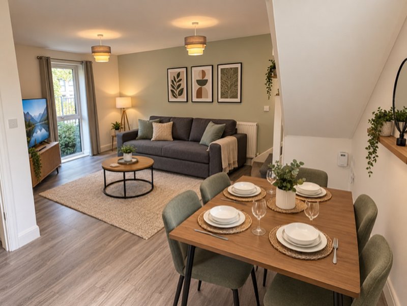 Open-plan living and dining area with sofa, dining table, pendant lights, and garden access