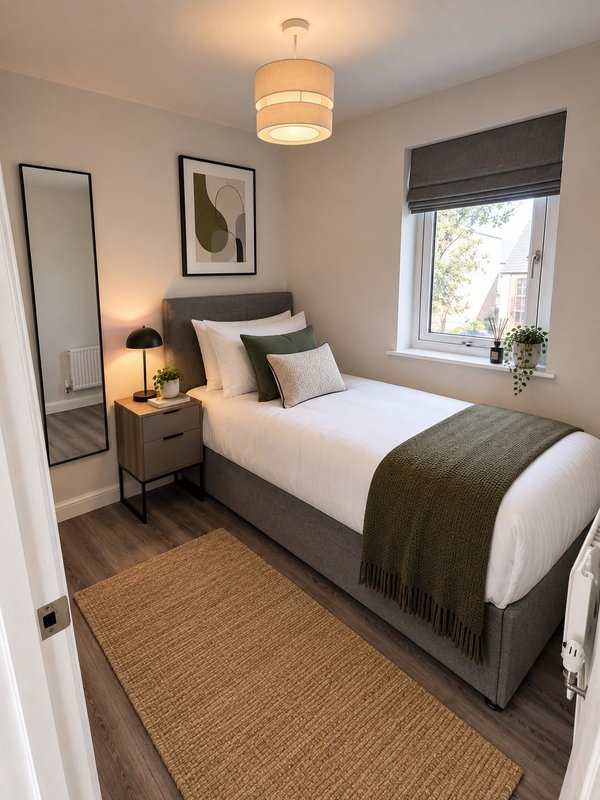 Modern bedroom with single bed, grey upholstered frame, white bedding, wooden nightstand and mirror.