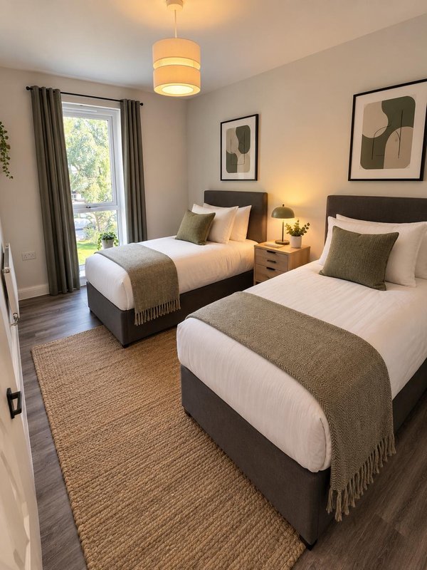 Twin bedroom with two beds, pendant light, framed wall art, and garden view