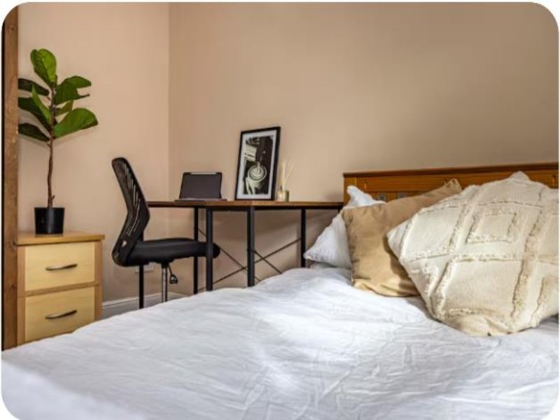 Bedroom with double bed, wooden desk, chair, potted plant and bedside table