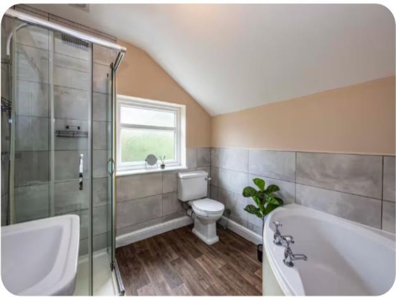 Modern bathroom with shower enclosure, toilet, bathtub, window and potted plant