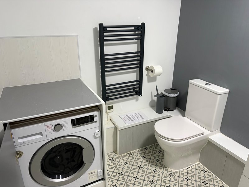 Modern bathroom with washing machine, heated towel rail, toilet, and patterned floor tiles