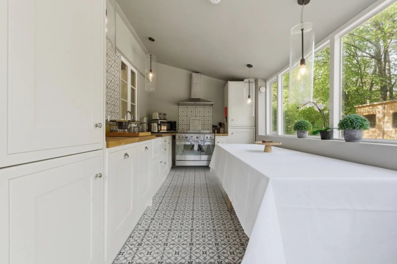 Modern white kitchen with galley layout, patterned floor tiles, and garden views from windows