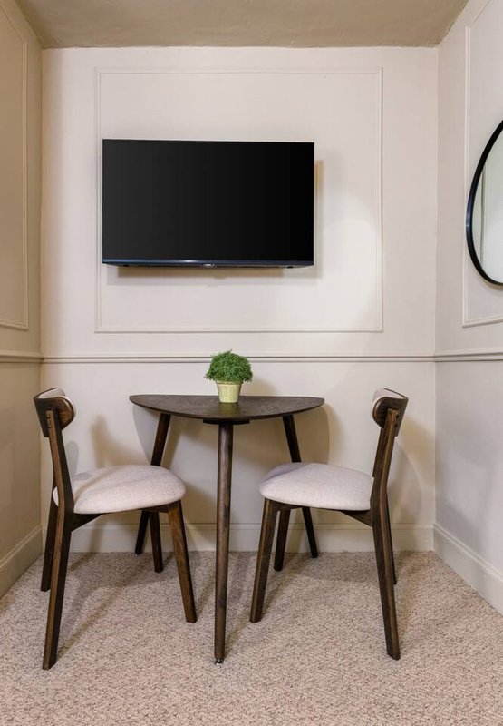 Modern lounge area with wall-mounted TV, small dark table, two wooden chairs with cushioned seats, and potted plant