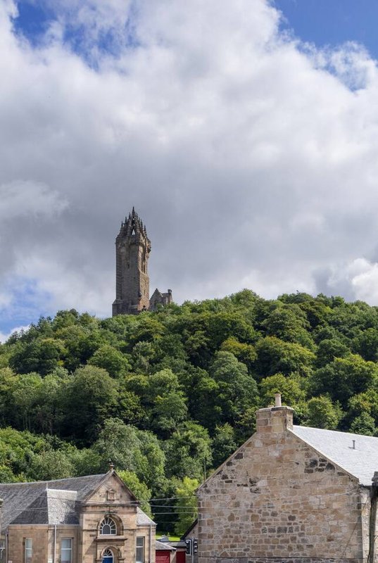 Stone buildings with hillside view of historic tower monument surrounded by green trees